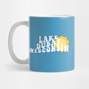 Sunshine in Lake Dubay Wisconsin Retro Wavy 1970s Summer Text Mug